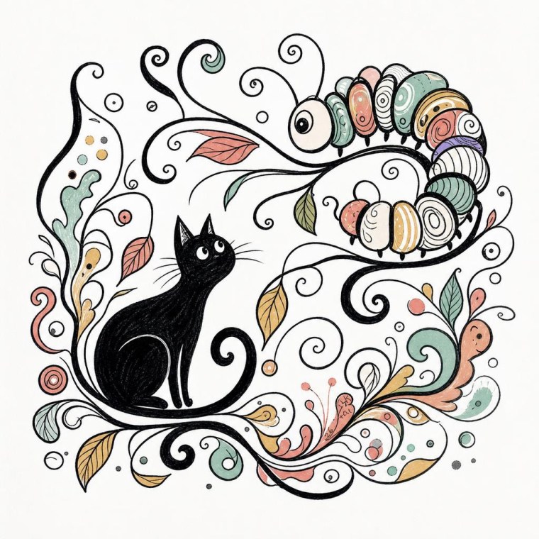 A whimsical illustration of a black cat looking curiously at a colorful caterpillar amidst swirling leaves and decorative elements.