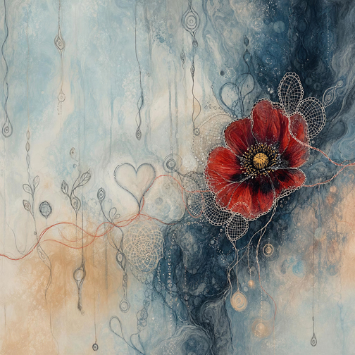 Abstract painting with a vivid red flower, delicate looping threads and suspended line drawings against pale blue, cream, and deep blue textured areas.