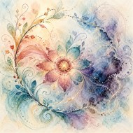 Abstract watercolor with a glowing central flower surrounded by flowing leaves, delicate lines, dots, and fading washes of blue, purple, teal, and peach.