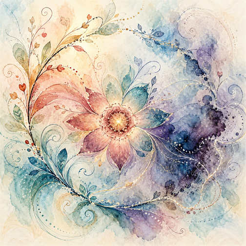 Abstract watercolor with a glowing central flower surrounded by flowing leaves, delicate lines, dots, and fading washes of blue, purple, teal, and peach.