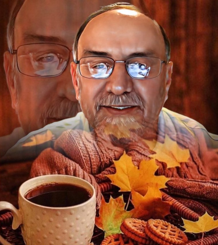 AI-assisted autumn artwork created by Harry Urban, featuring two overlapping portraits of Harry, golden maple leaves, a cup of coffee, and warm autumn colors.